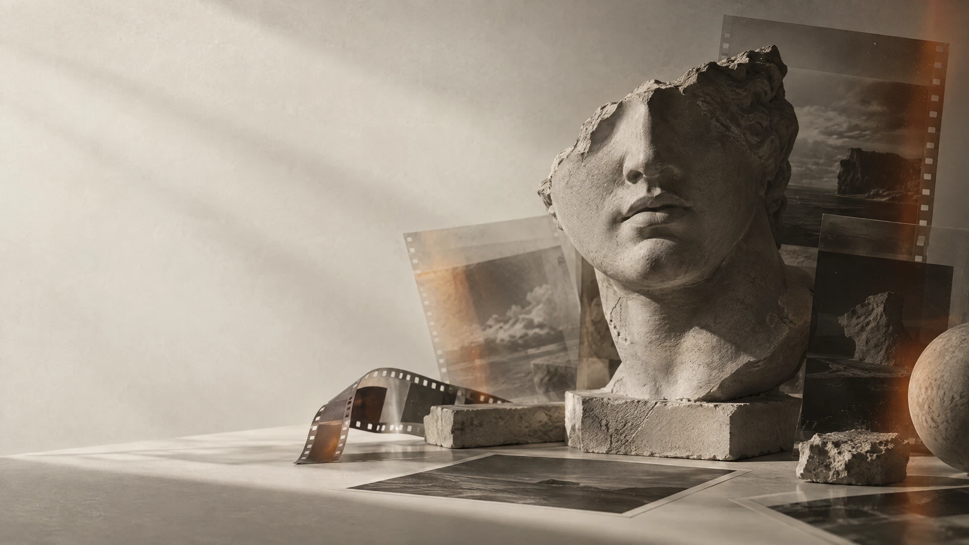 Sculptural forms and film textures arranged in a warm editorial still